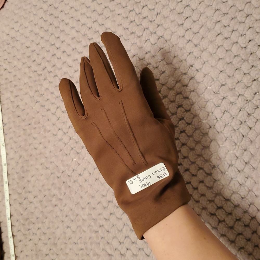 1940s Brown Vintage Short Fabric Pinup Gloves Size Small, S, 7